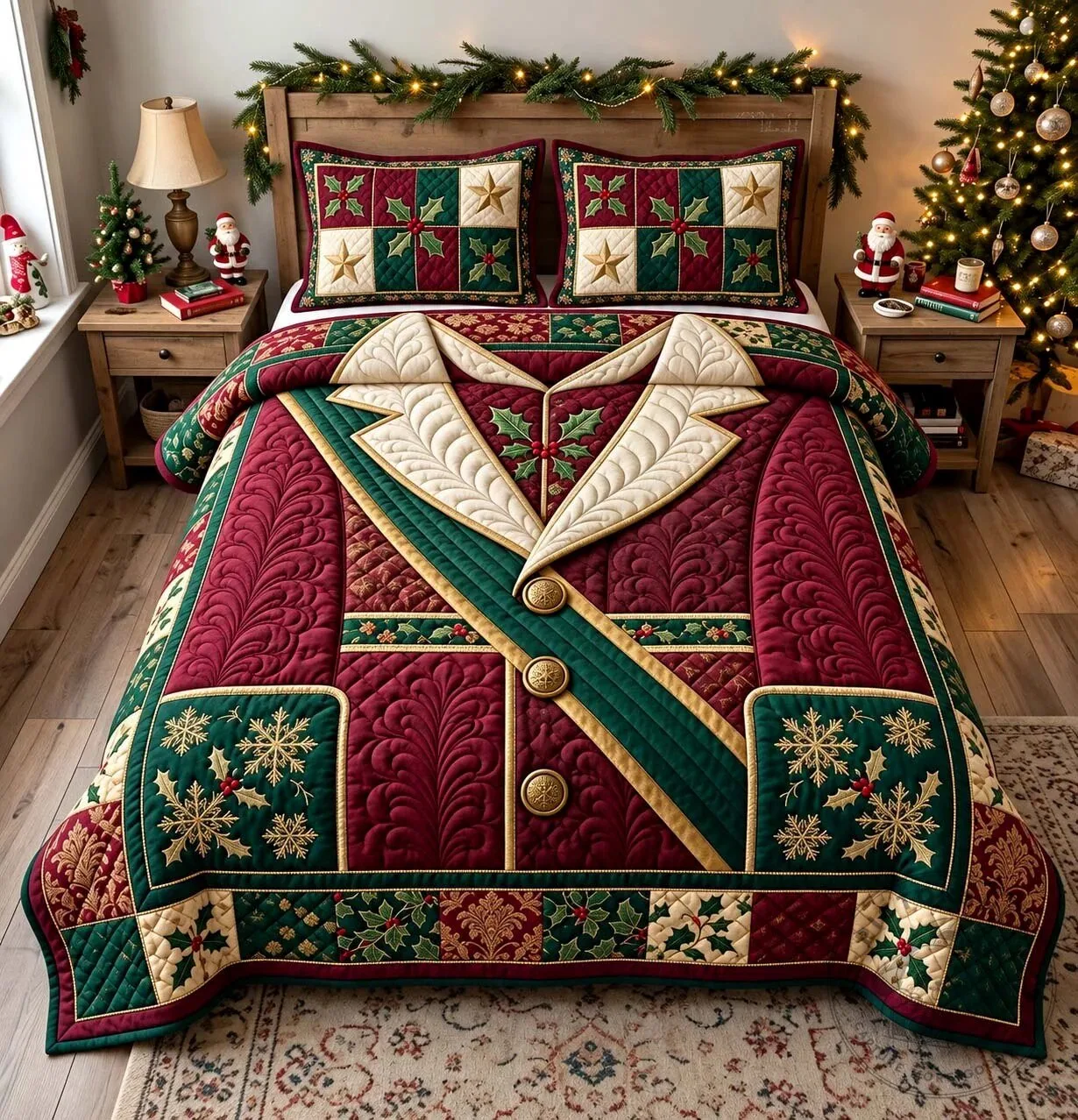 Christmas Santa Claus Uniform Quilted Bedding Set with Pillow Shams