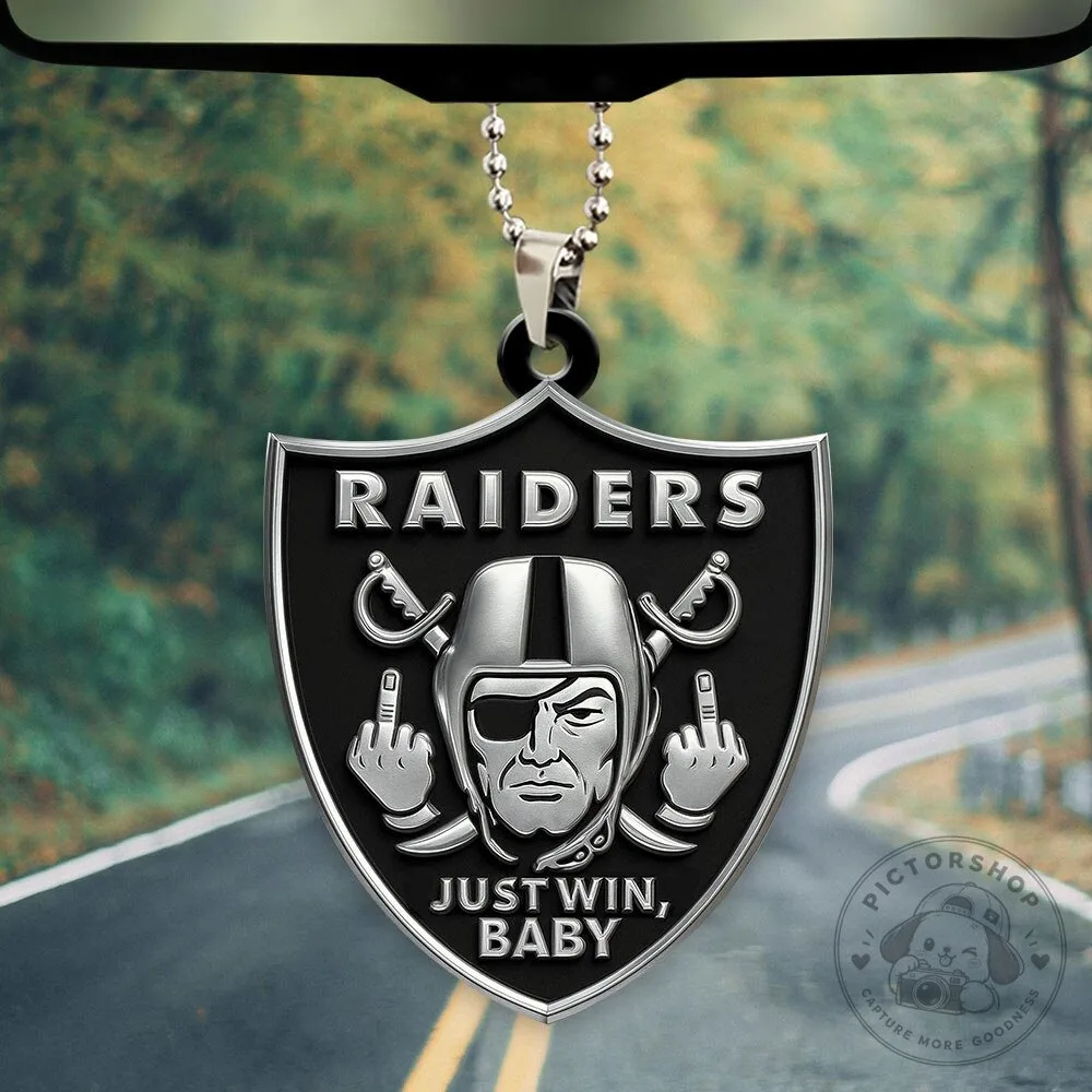 Las Vegas Raiders Football Team Logo Car Ornament with Just Win Baby Slogan