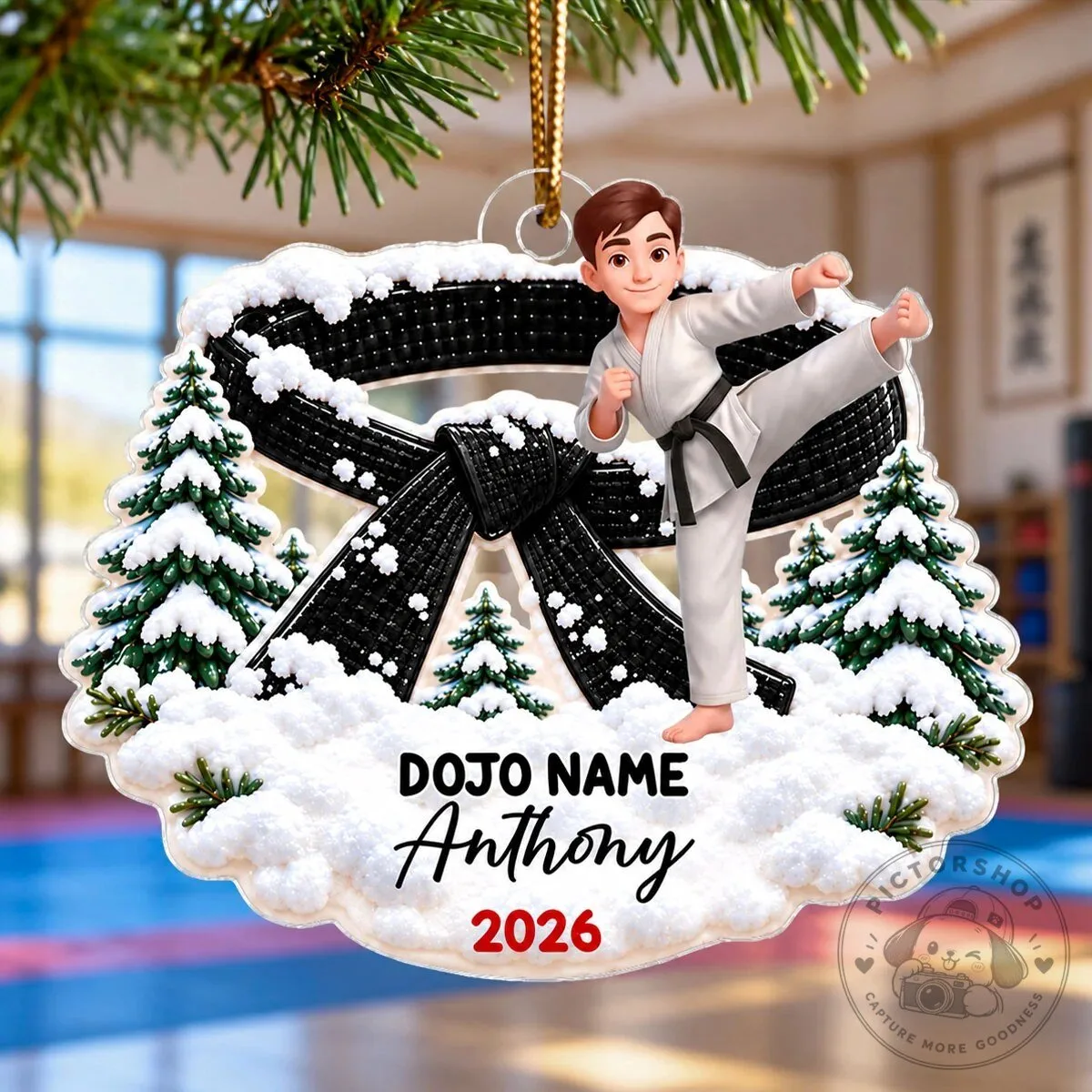 Personalized Karate Boy Black Belt Christmas Tree Ornament