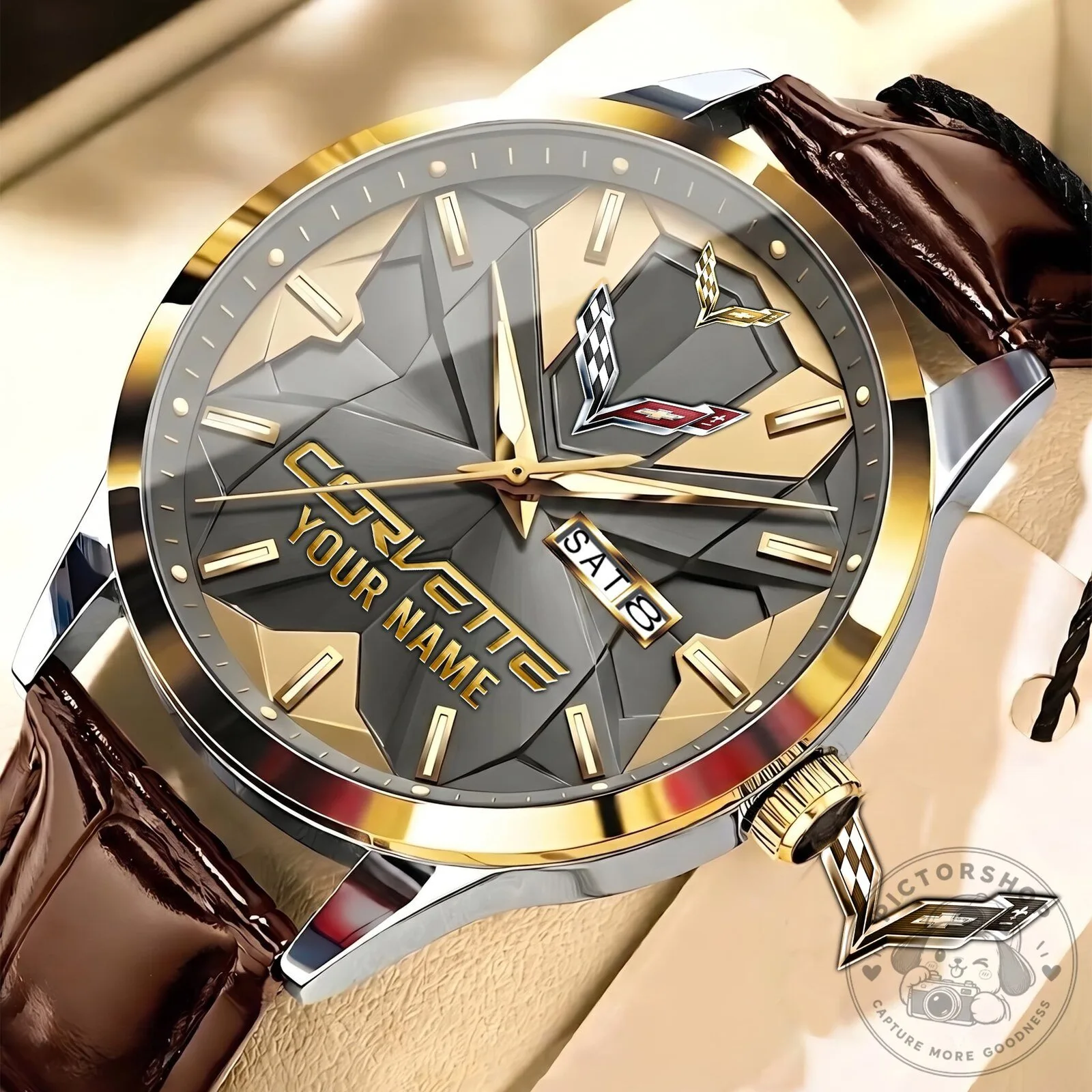 Personalized Chevrolet Corvette Logo Gold Tone Men's Leather Watch