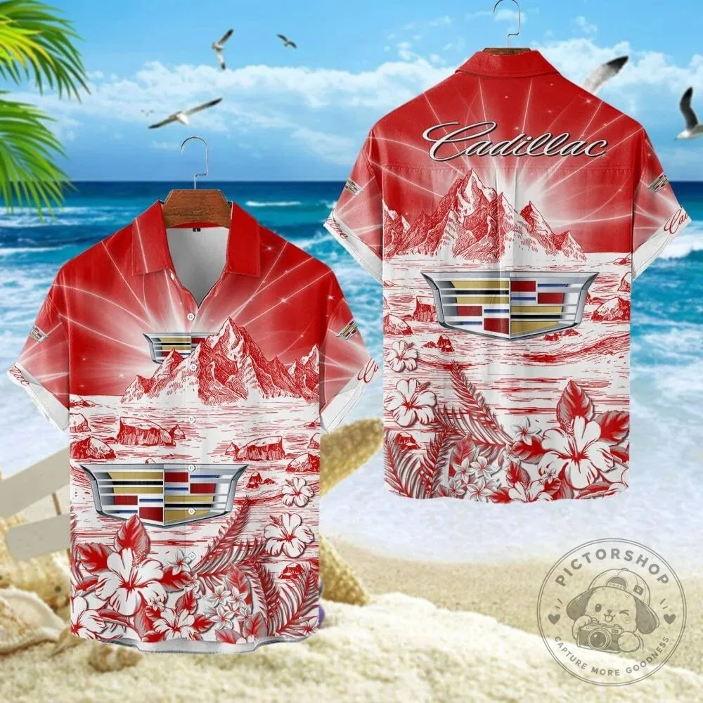 Cadillac Logo Mountain Hawaiian Shirt For Men, Cadillac Red Summer Casual Button Up Shirt