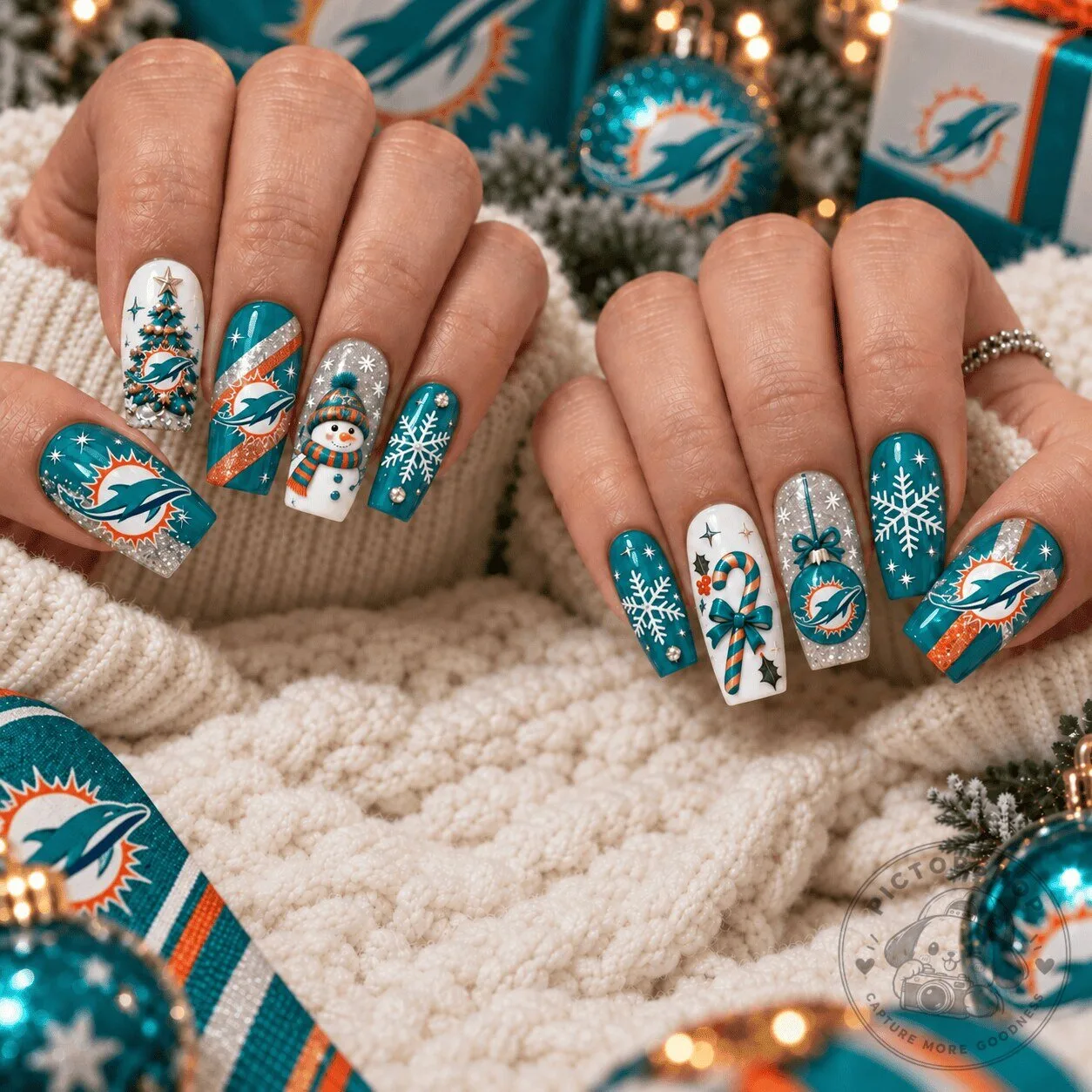Miami Dolphins Christmas Spirit NFL Football Holiday Press-On Nails Set 1 Miami Dolphins Christmas Spirit NFL Football Holiday Press-On Nails Set