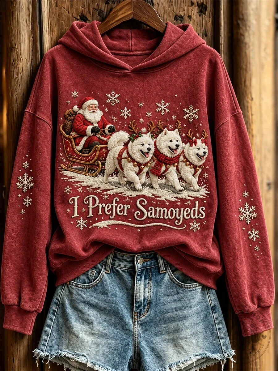 Christmas I Prefer Samoyeds Santa Claus and Dogs Print Hoodie