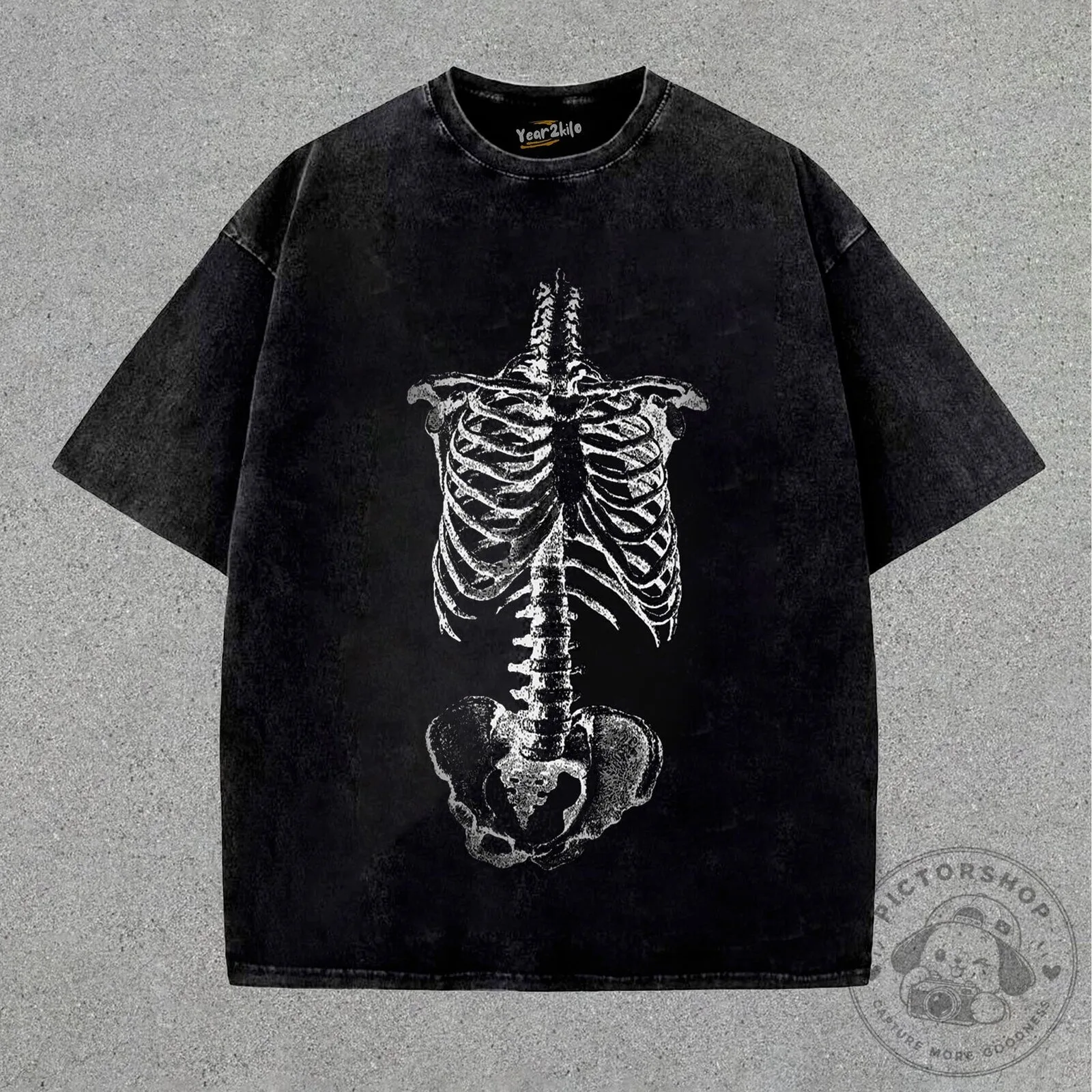 Horrible Skull Skeleton Graphic Print Washed Black T-Shirt