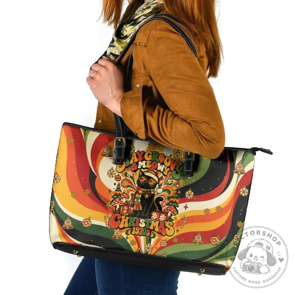 Meowy Groovy Christmas Black Cat Vintage Retro Holiday Waves Pattern Tote Bag