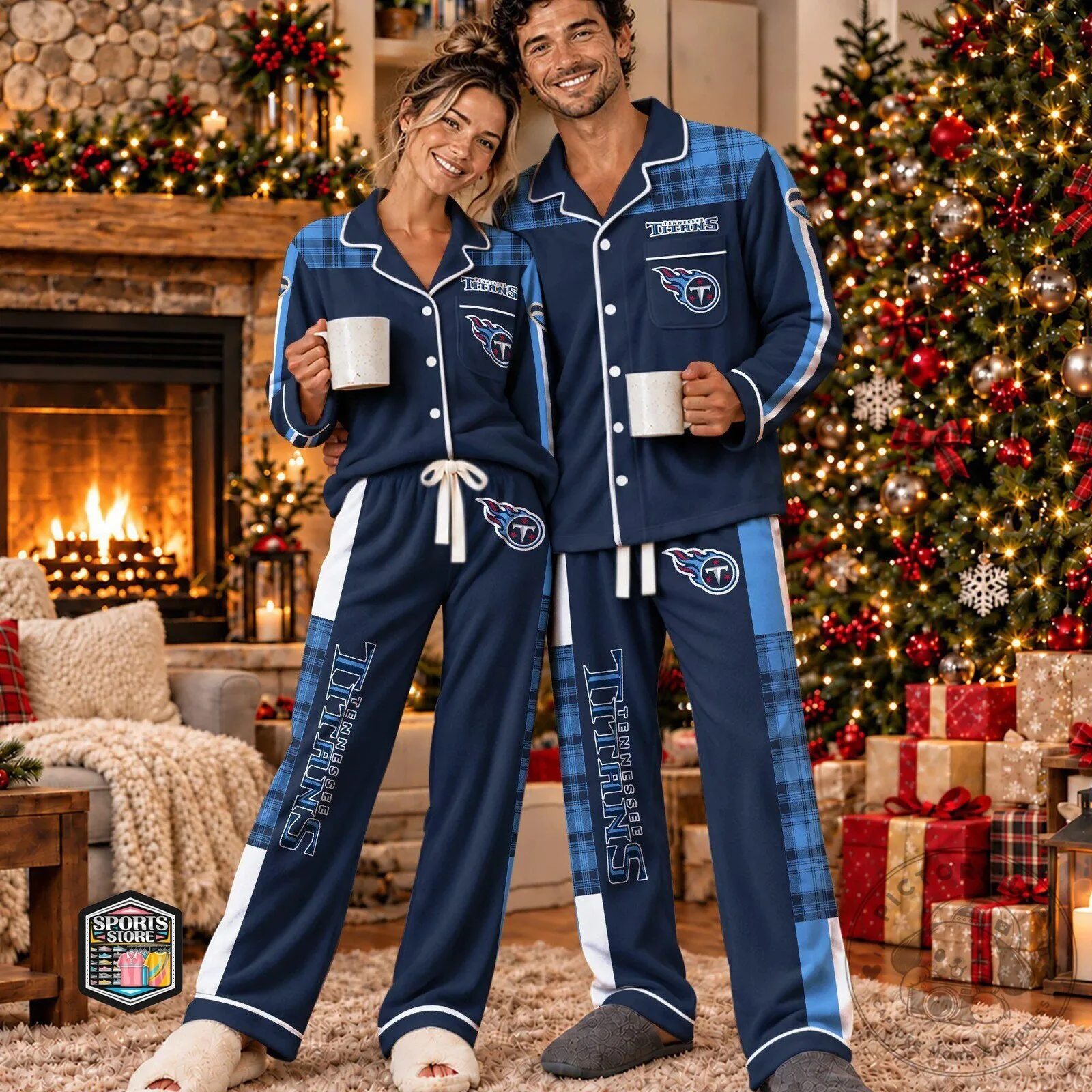Tennessee Titans Plaid Pattern Christmas Holiday Pajamas Set