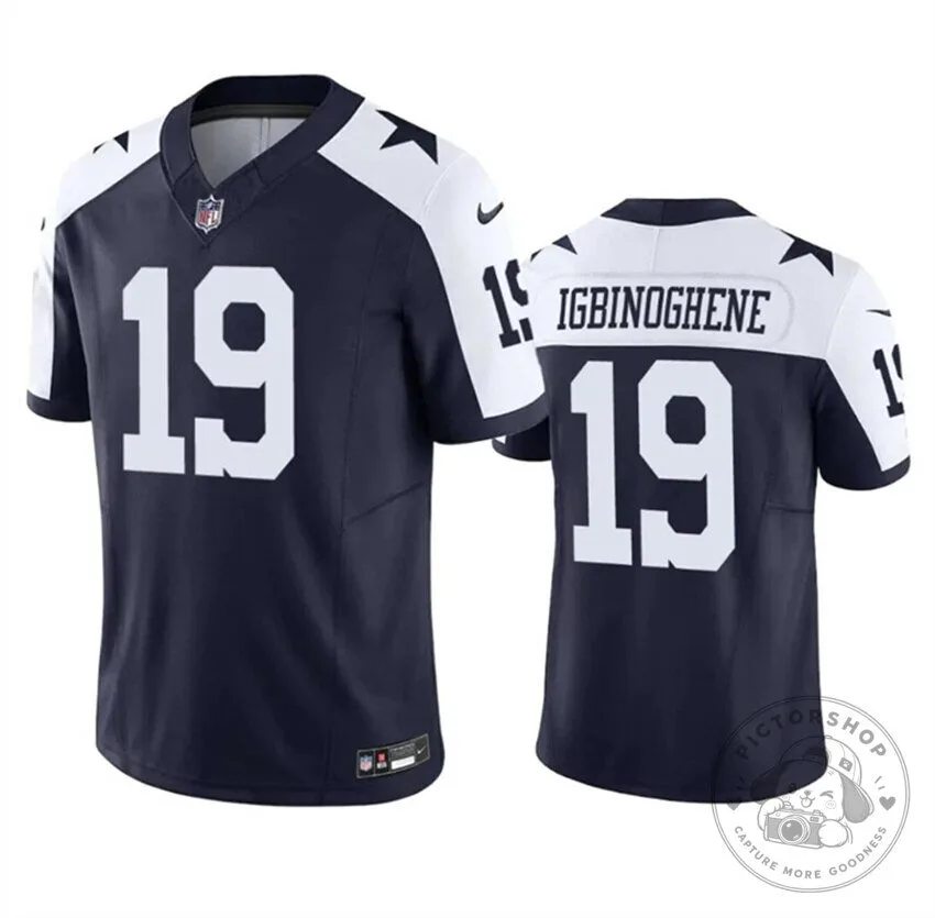 Dallas Cowboys Football Noah Igbinoghene Number 19 Navy Blue and White Jersey