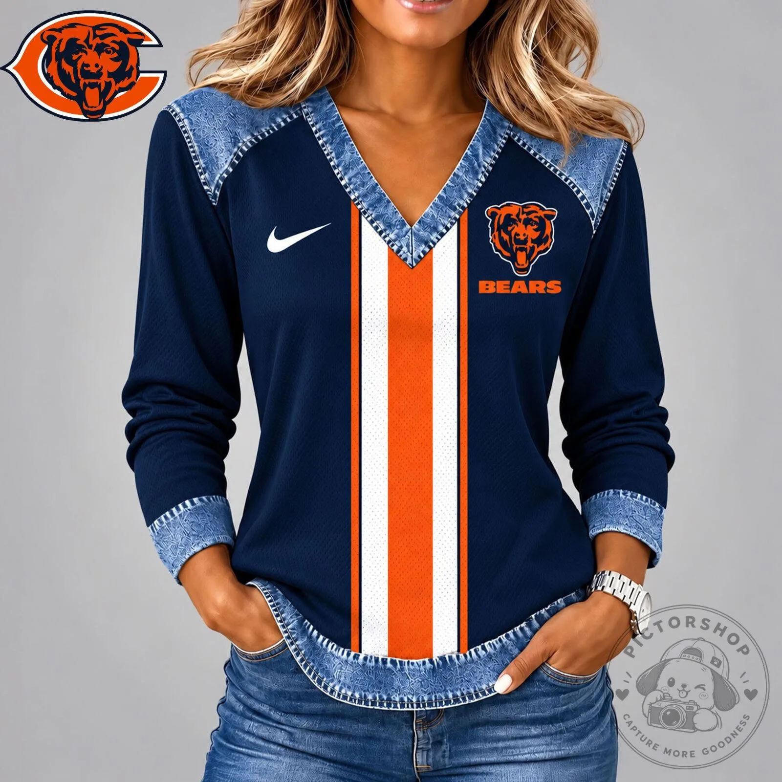 Chicago Bears NFL Team Logo Vintage Long Sleeve V-Neck Shirt for Women