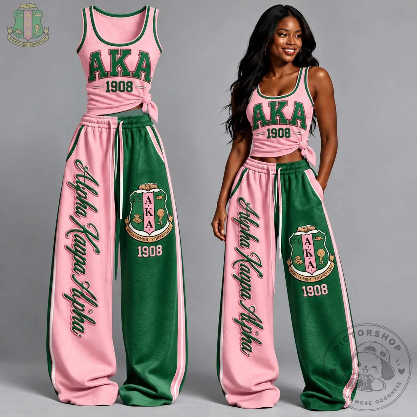 Alpha Kappa Alpha Sorority Pink and Green Tank Top and Pants Set