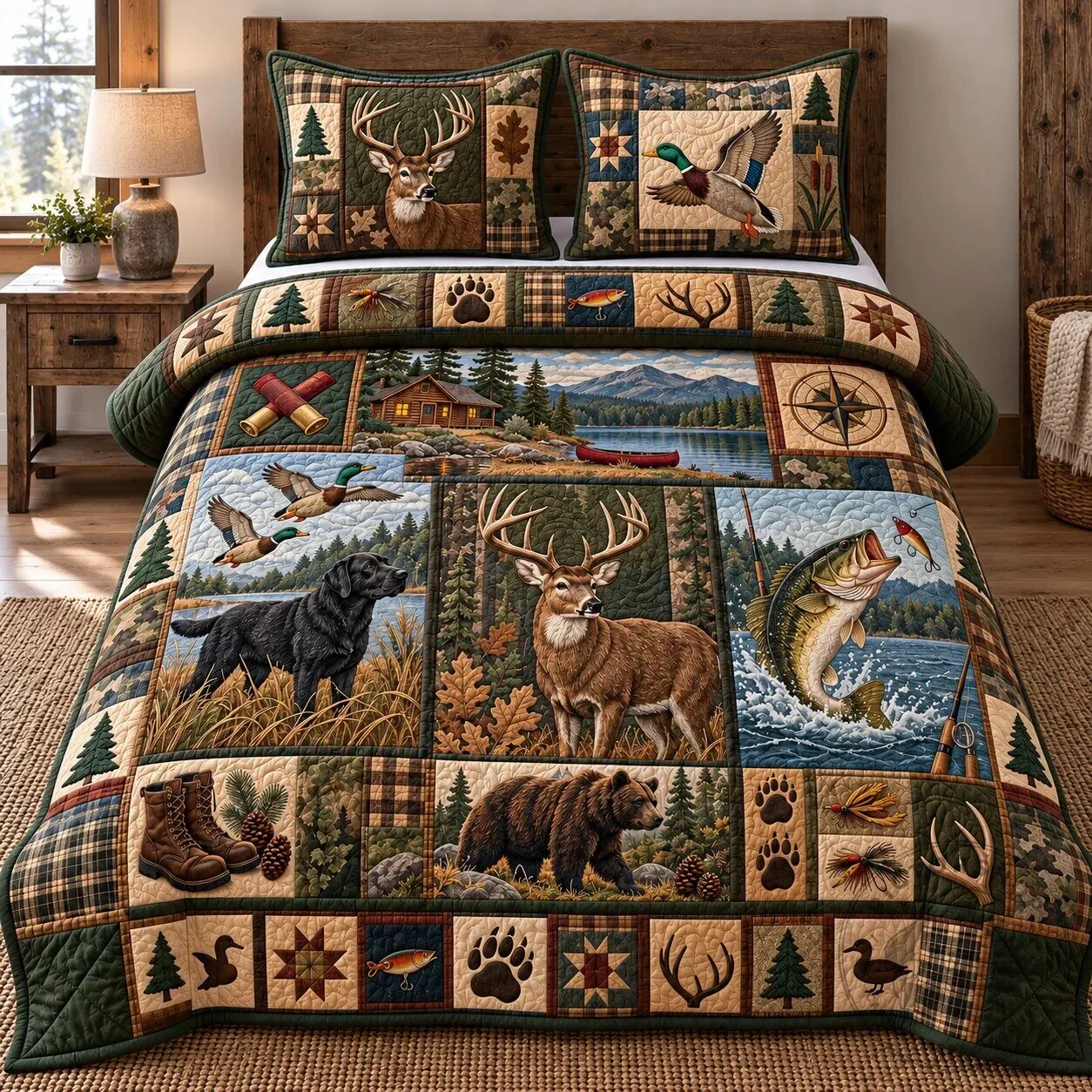 Hunting And Fishing Patchwork Quilted Bedding Set