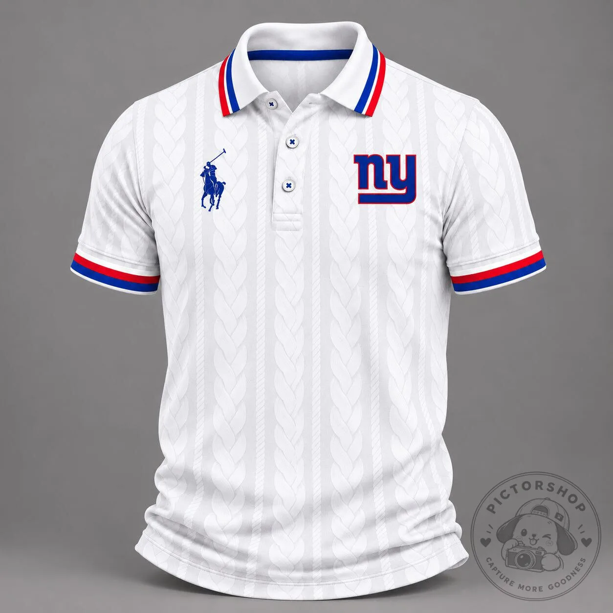 New York Giants NFL Football Team White Striped Polo Shirt