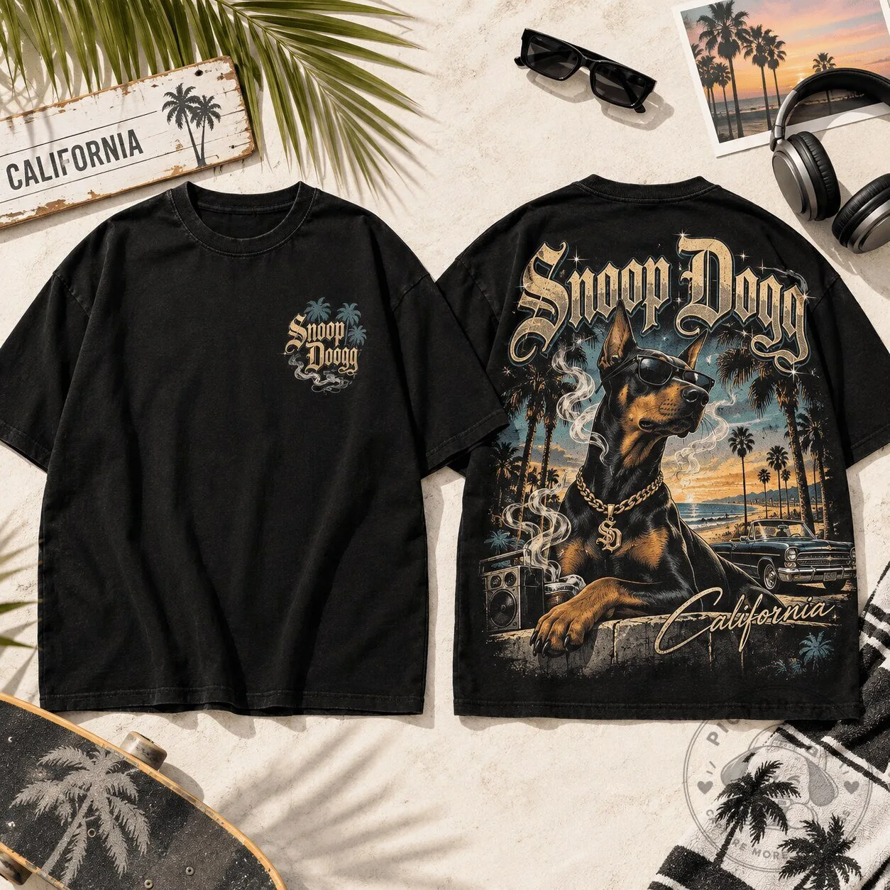 Snoop Dogg California Smoke Vibes Doberman Dog Graphic Black T-Shirt