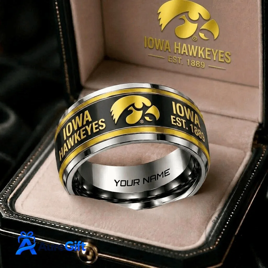 Iowa Hawkeyes Personalized Black and Gold Engraved Stainless Steel Ring 1 Iowa Hawkeyes Personalized Black and Gold Engraved Stainless Steel Ring