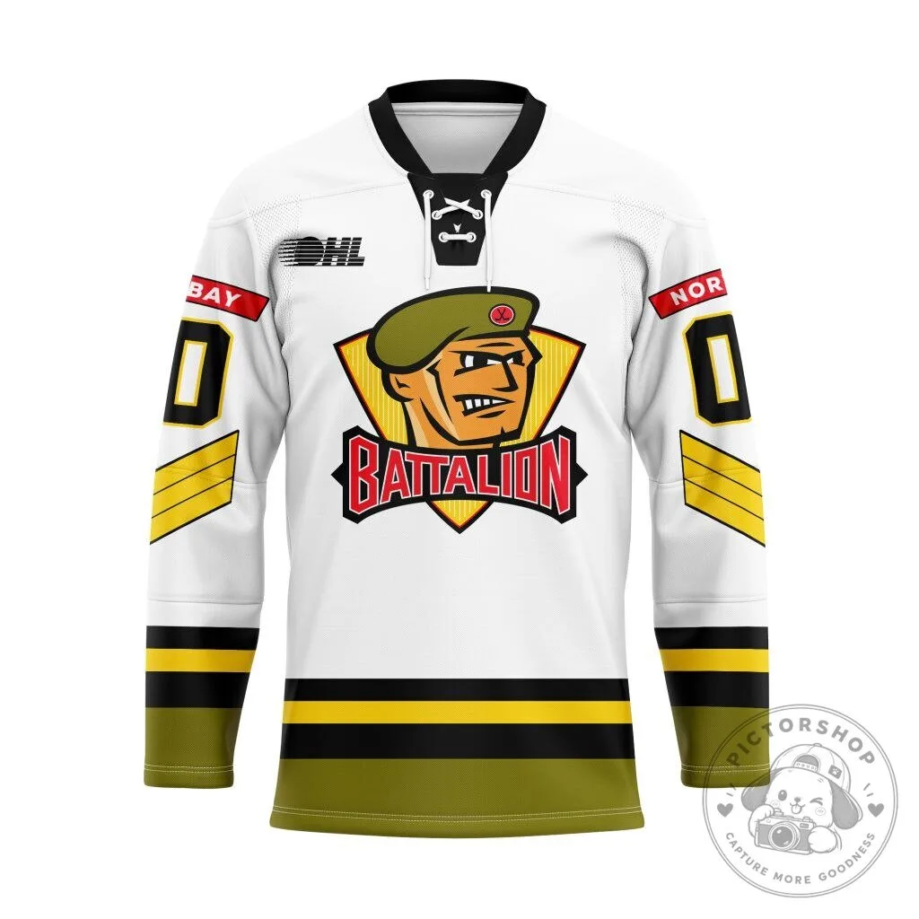 North Bay Battalion Personalized White Lace Hockey Jersey
