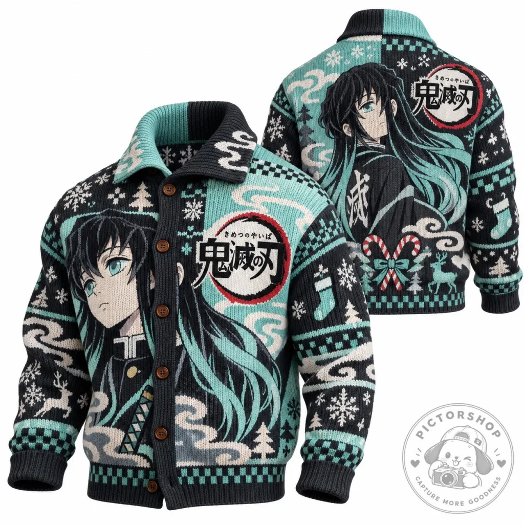Anime Christmas Sweater Cardigan featuring Muichiro Tokito from Demon Slayer Anime Christmas Sweater Cardigan featuring Muichiro Tokito from Demon Slayer