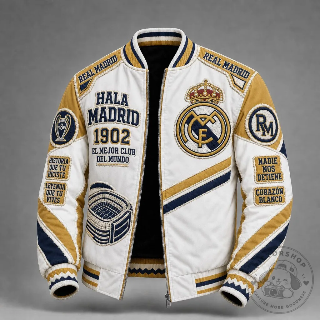 Real Madrid Football Club Bomber Jacket, White and Gold Varsity Style Coat Real Madrid Football Club Bomber Jacket, White and Gold Varsity Style Coat