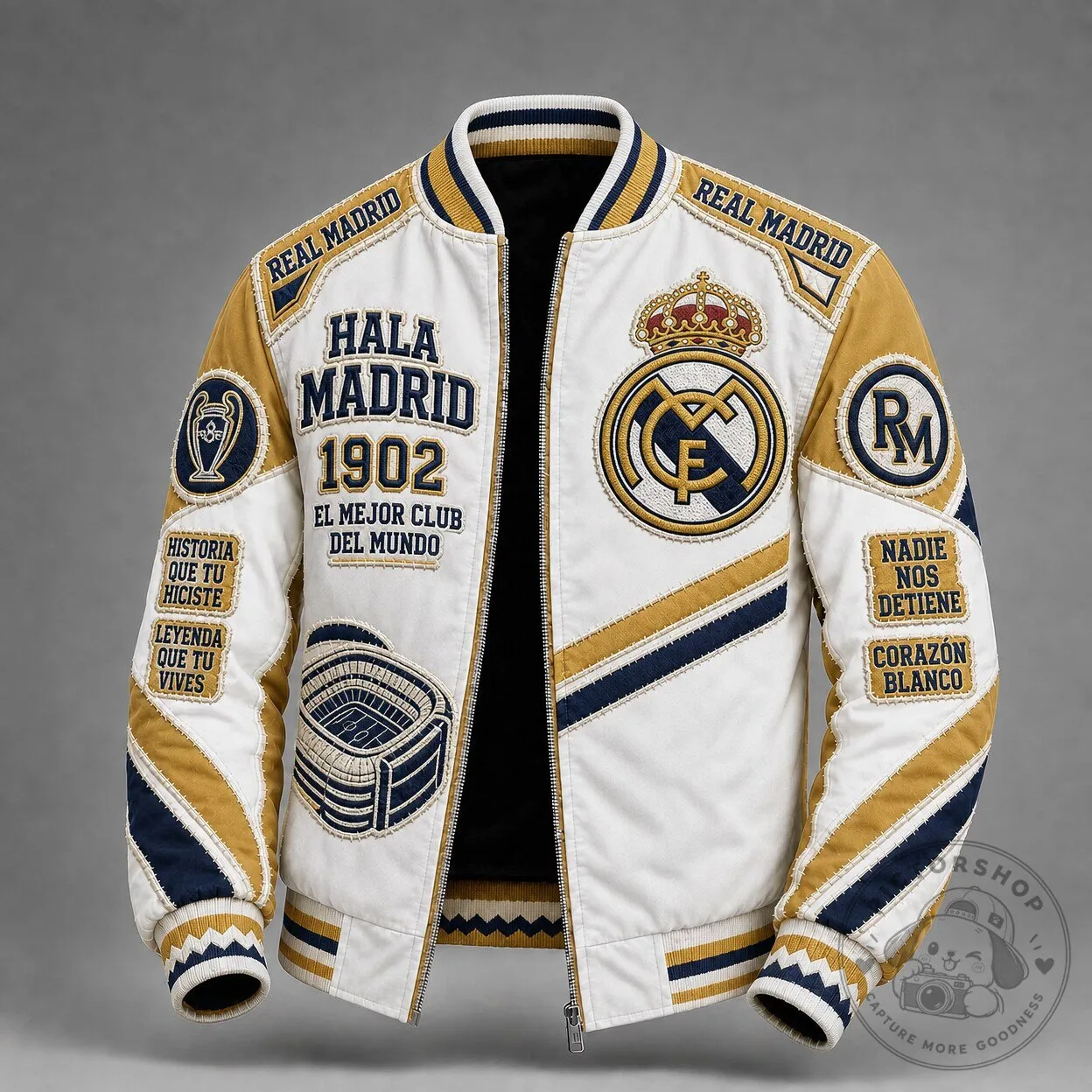 Real Madrid Football Club Bomber Jacket, White and Gold Varsity Style Coat