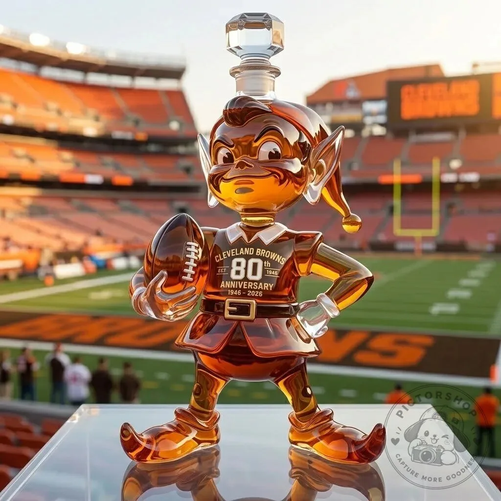 Cleveland Browns Brownie the Elf 80th Anniversary Whiskey Decanter Bottle 3 Cleveland Browns Brownie the Elf 80th Anniversary Whiskey Decanter Bottle