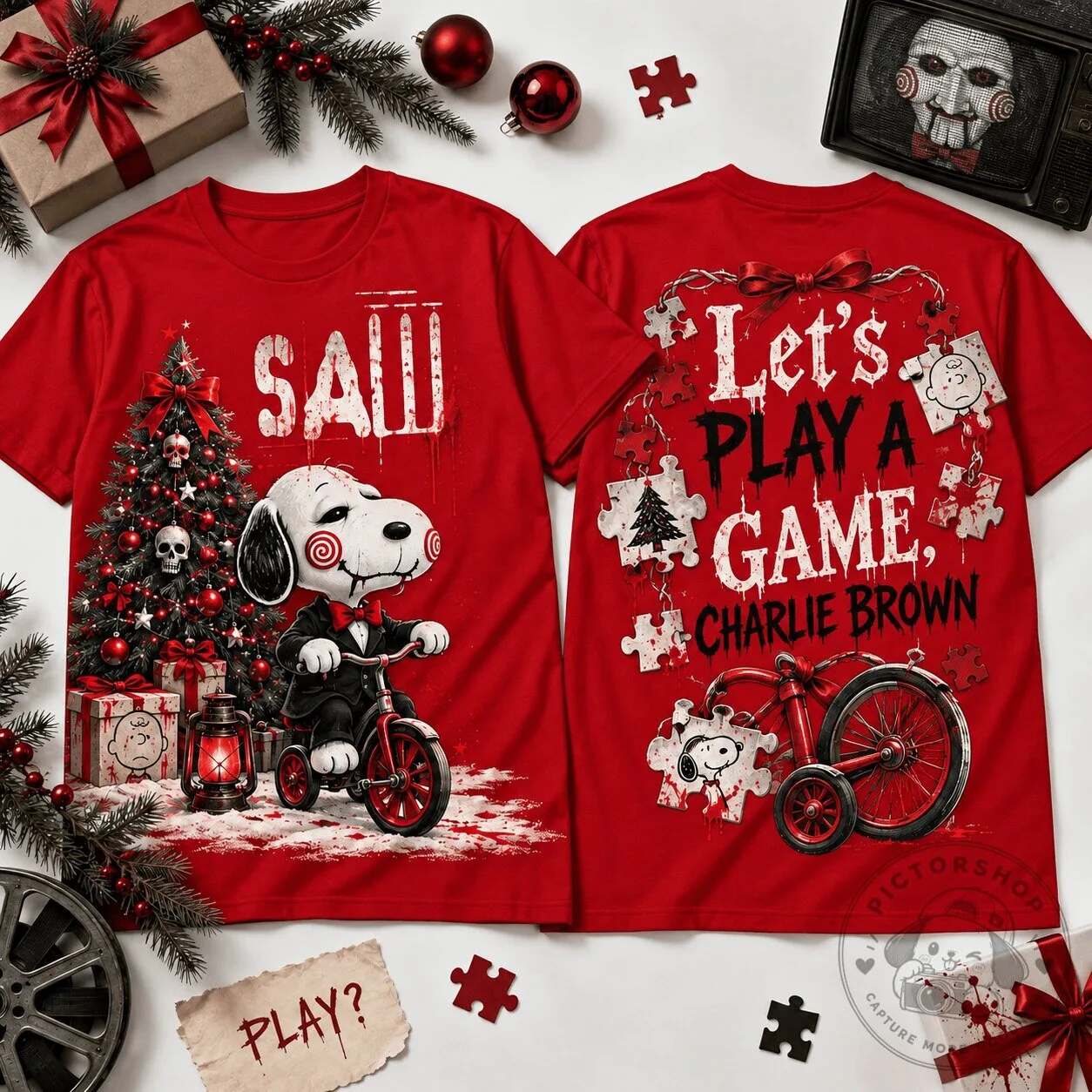 Saw Jigsaw Snoopy Christmas Let's Play A Game Charlie Brown T-Shirt