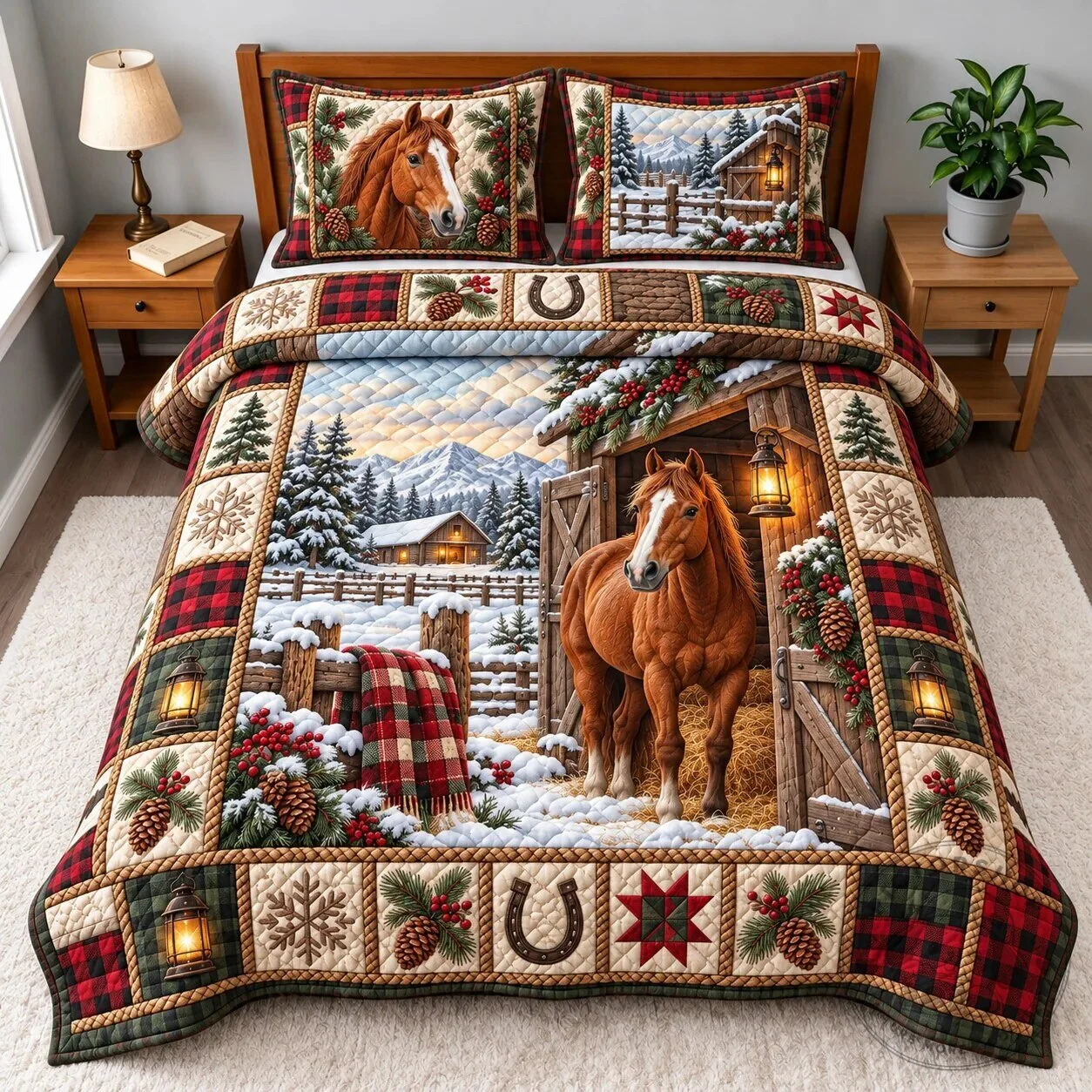 Winter Horse Barn Christmas Quilted Bedding Set