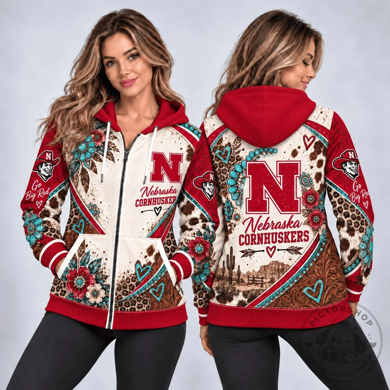 Nebraska Cornhuskers Western Boho Style Full Zip Hoodie for Women
