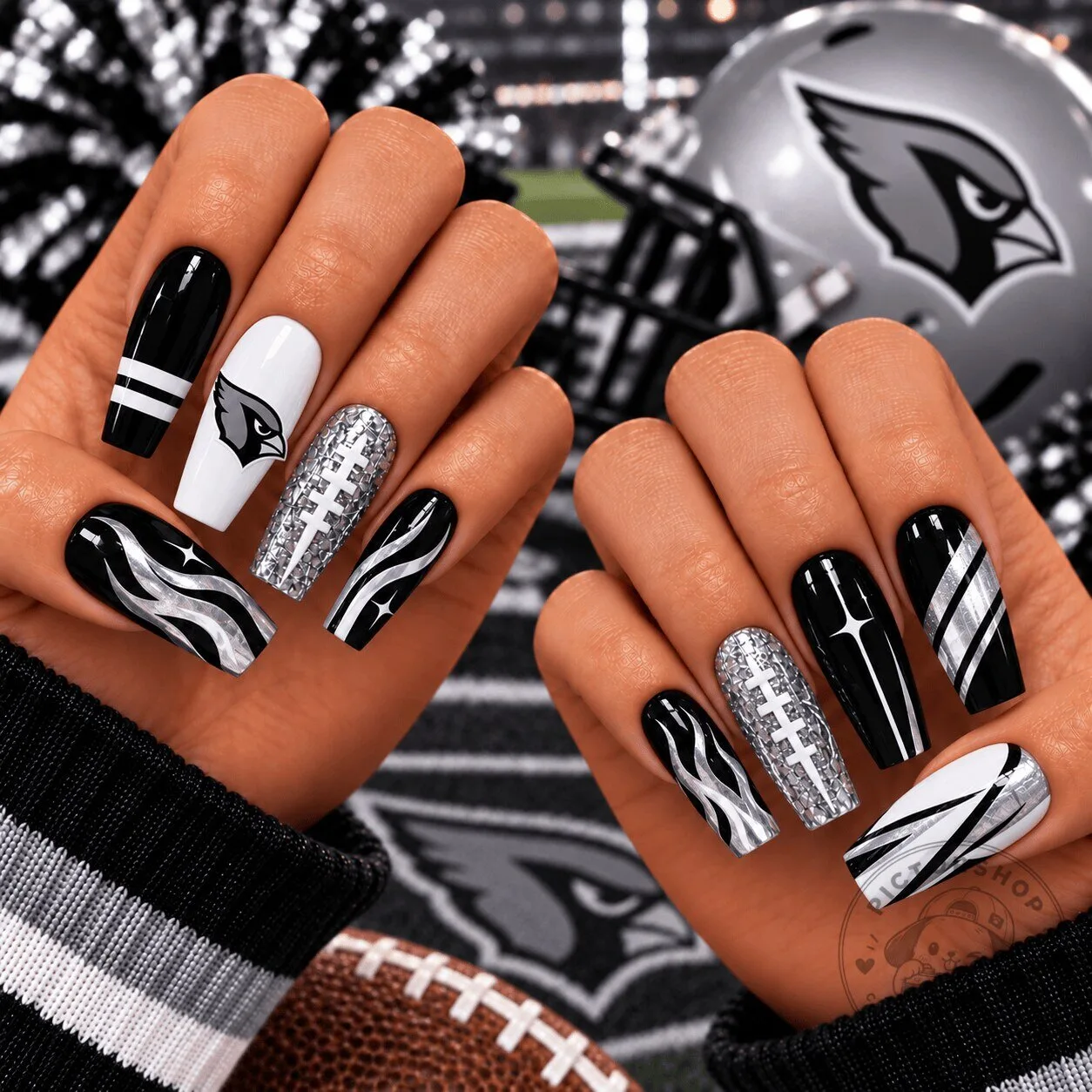 Arizona Cardinals Football Team Black Silver Chrome Game Day Press-On Nails
