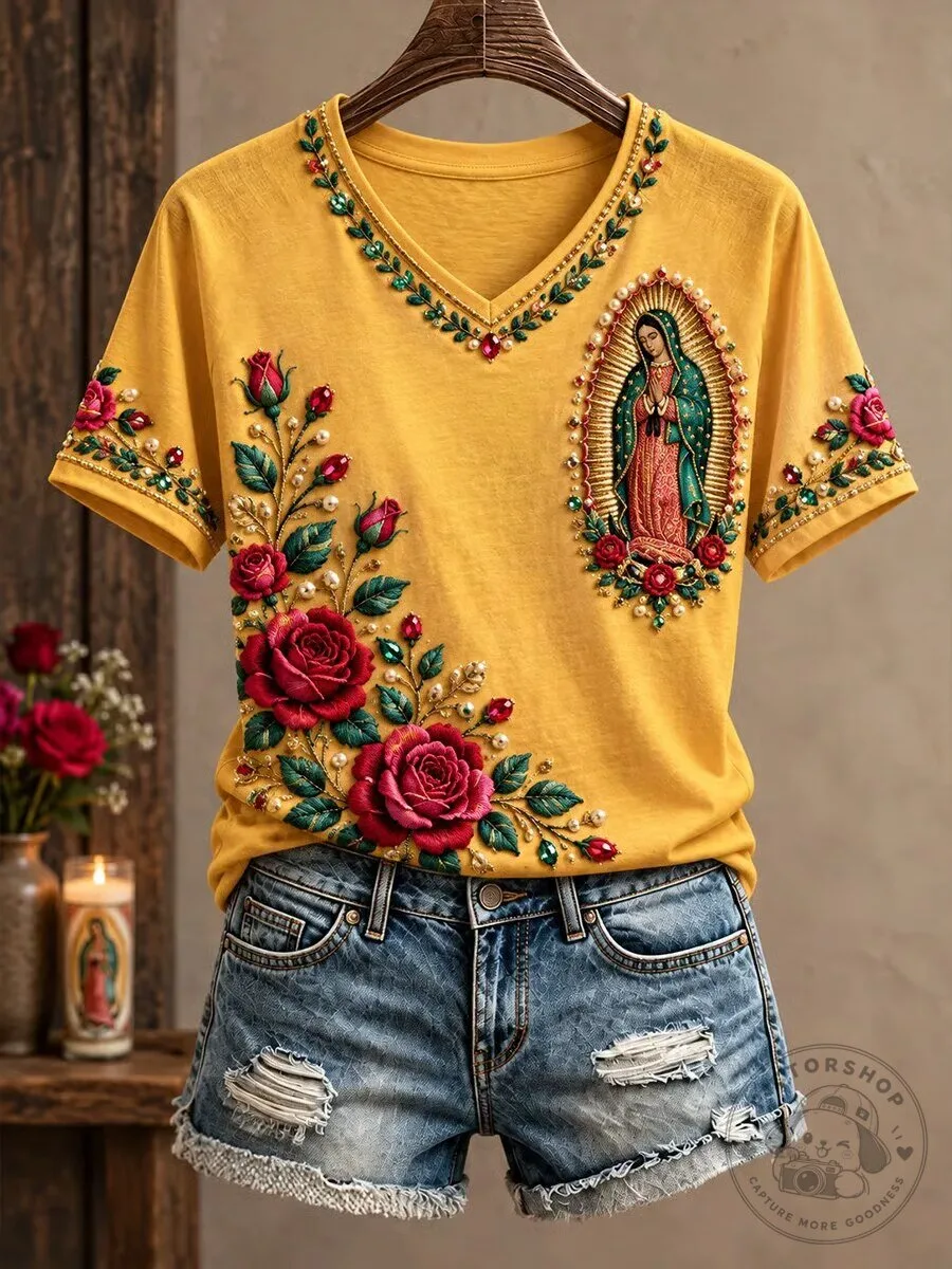 Our Lady of Guadalupe Embroidered Floral V-Neck Short Sleeve T-Shirt 2 Our Lady of Guadalupe Embroidered Floral V-Neck Short Sleeve T-Shirt