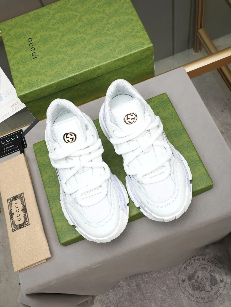 Gucci White Leather Chunky Sneakers with Interlocking G Logo