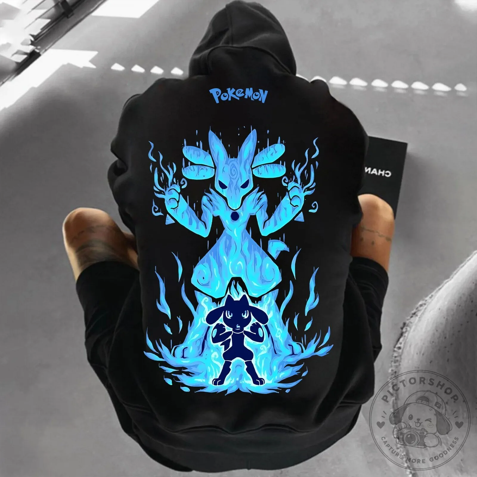 Pokemon Mewtwo and Mew Blue Flames Graphic Black Hoodie