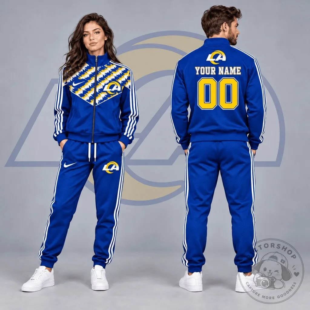 Los Angeles Rams Custom Name Number Tribal Chevron Full Zip Tracksuit Hoodie