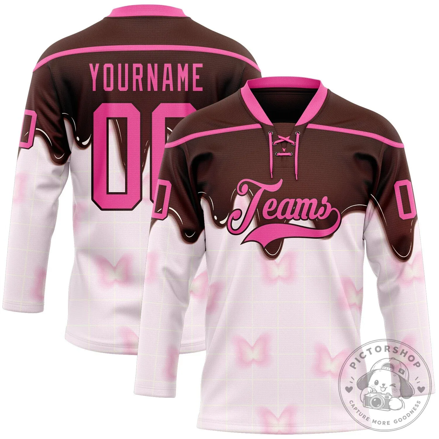 Custom Chocolate Melting Pink Lace Neck Foodie Hockey Jersey with Your Name
