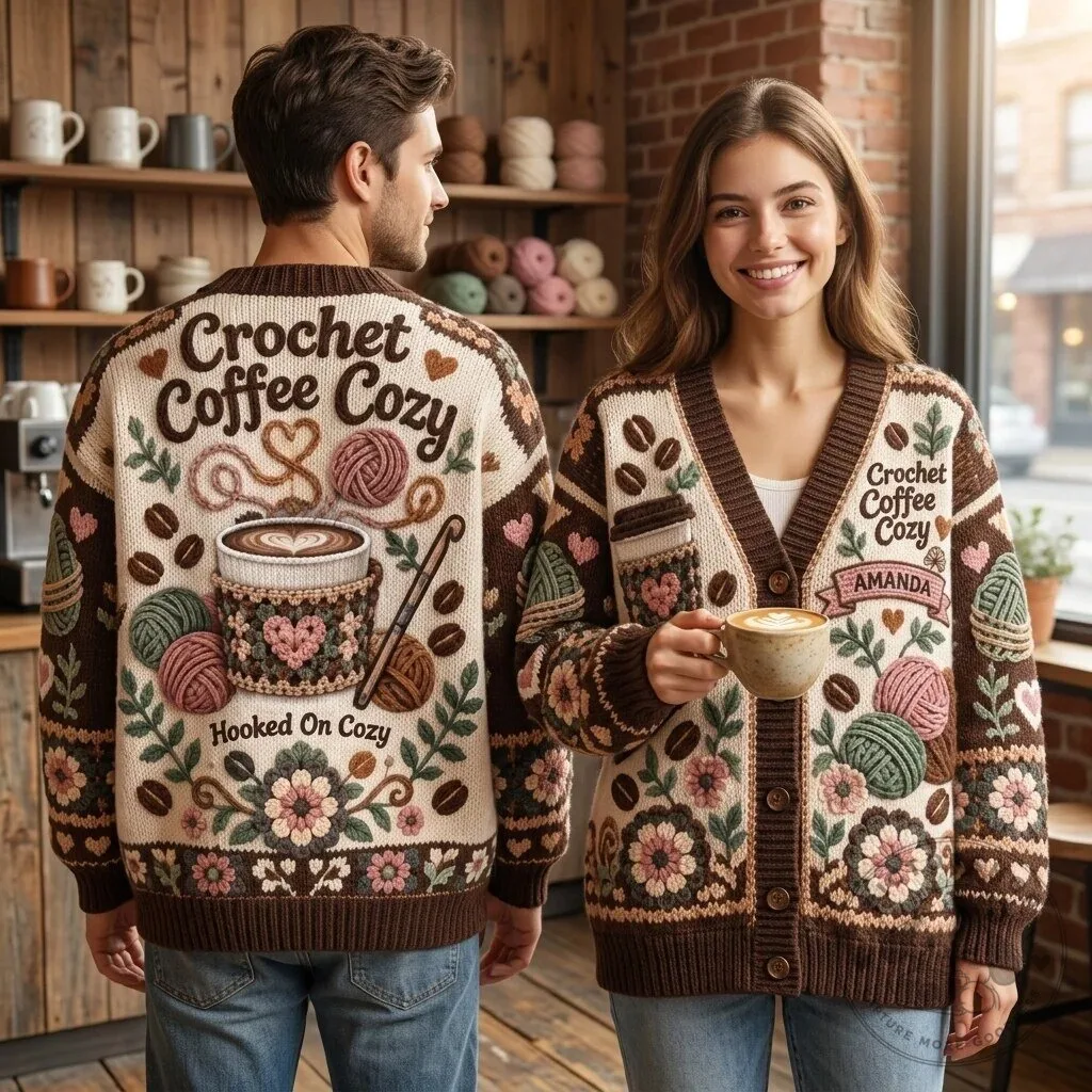 Personalized Crochet Coffee Cozy Knitted Cardigan for Crochet Enthusiasts
