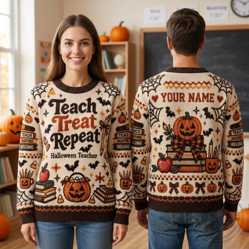 Personalized Teach Treat Repeat Halloween Teacher Ugly Christmas Sweater