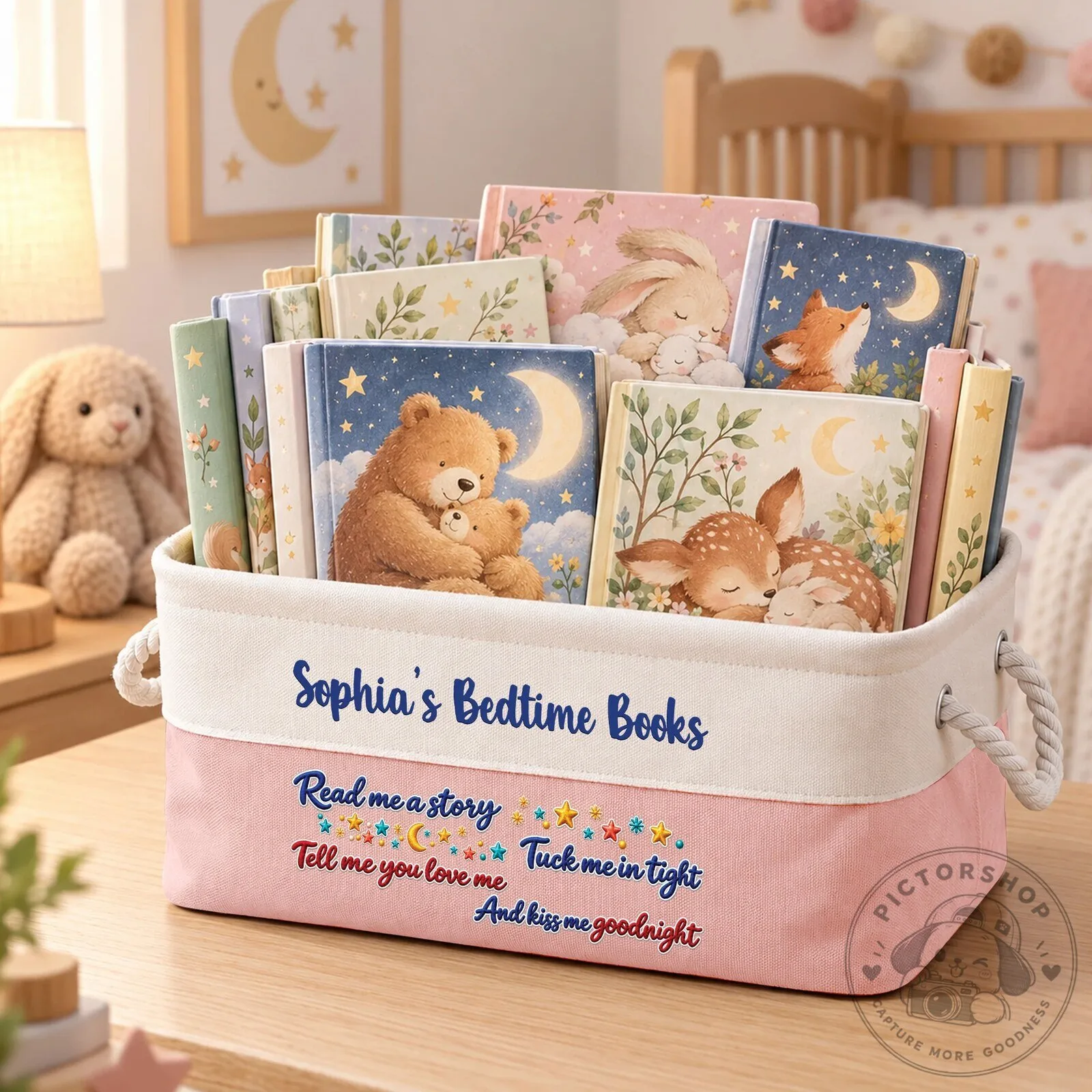 Personalized Kids Bedtime Books Storage Basket with Custom Name and Quote