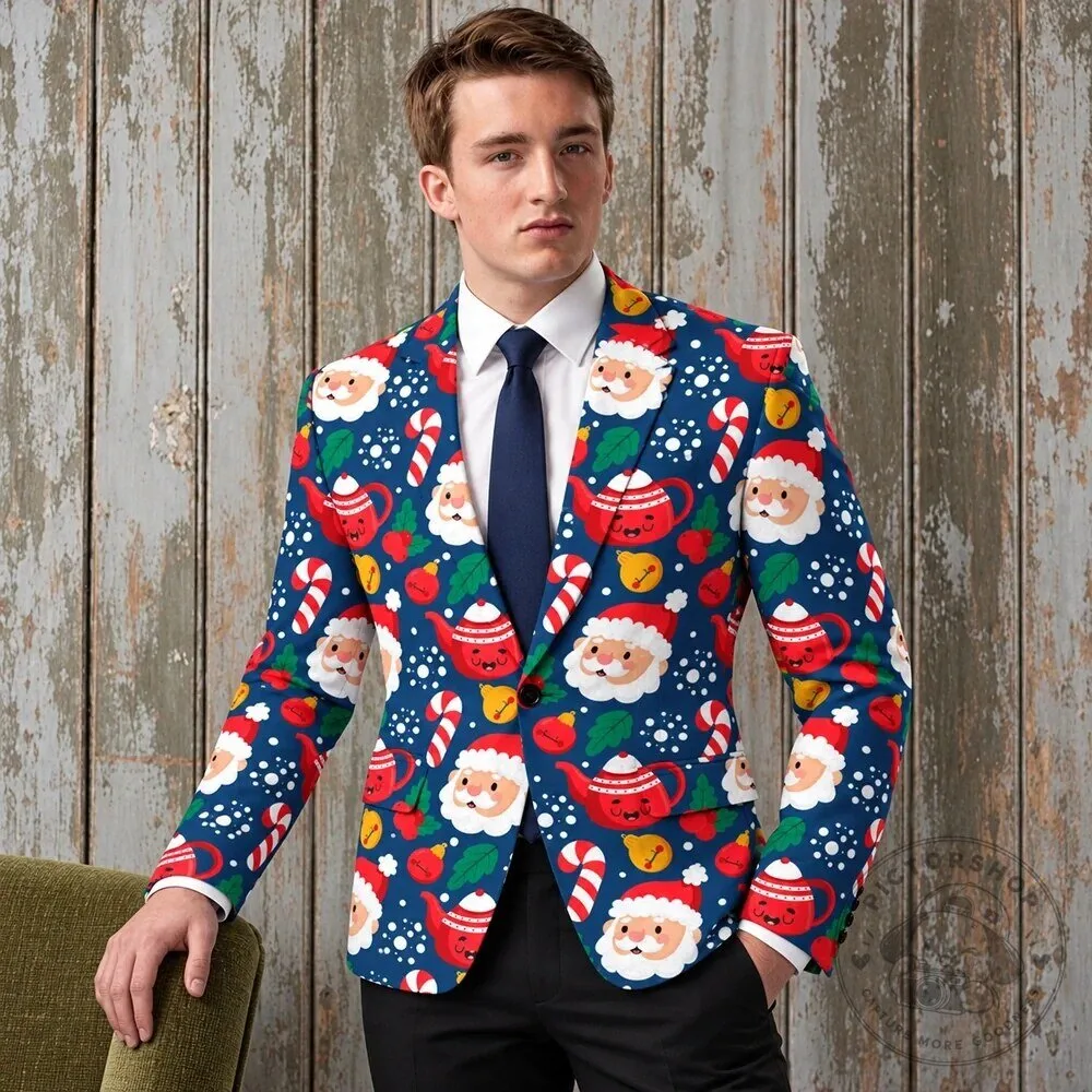 Festive Santa Claus Christmas Pattern Men's Holiday Party Blazer Jacket