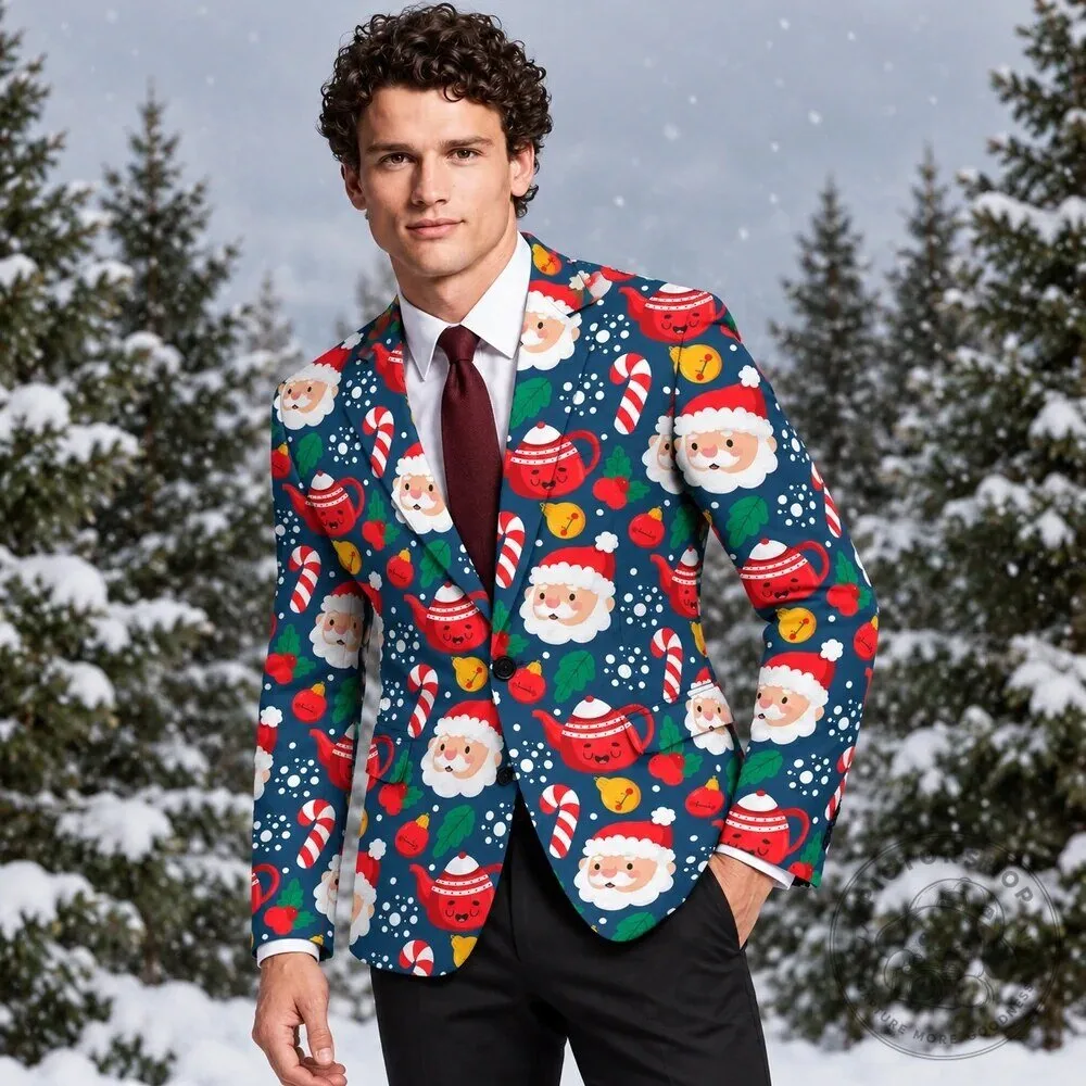 Festive Santa Claus Christmas Pattern Men's Holiday Party Blazer Jacket 12 Festive Santa Claus Christmas Pattern Men
