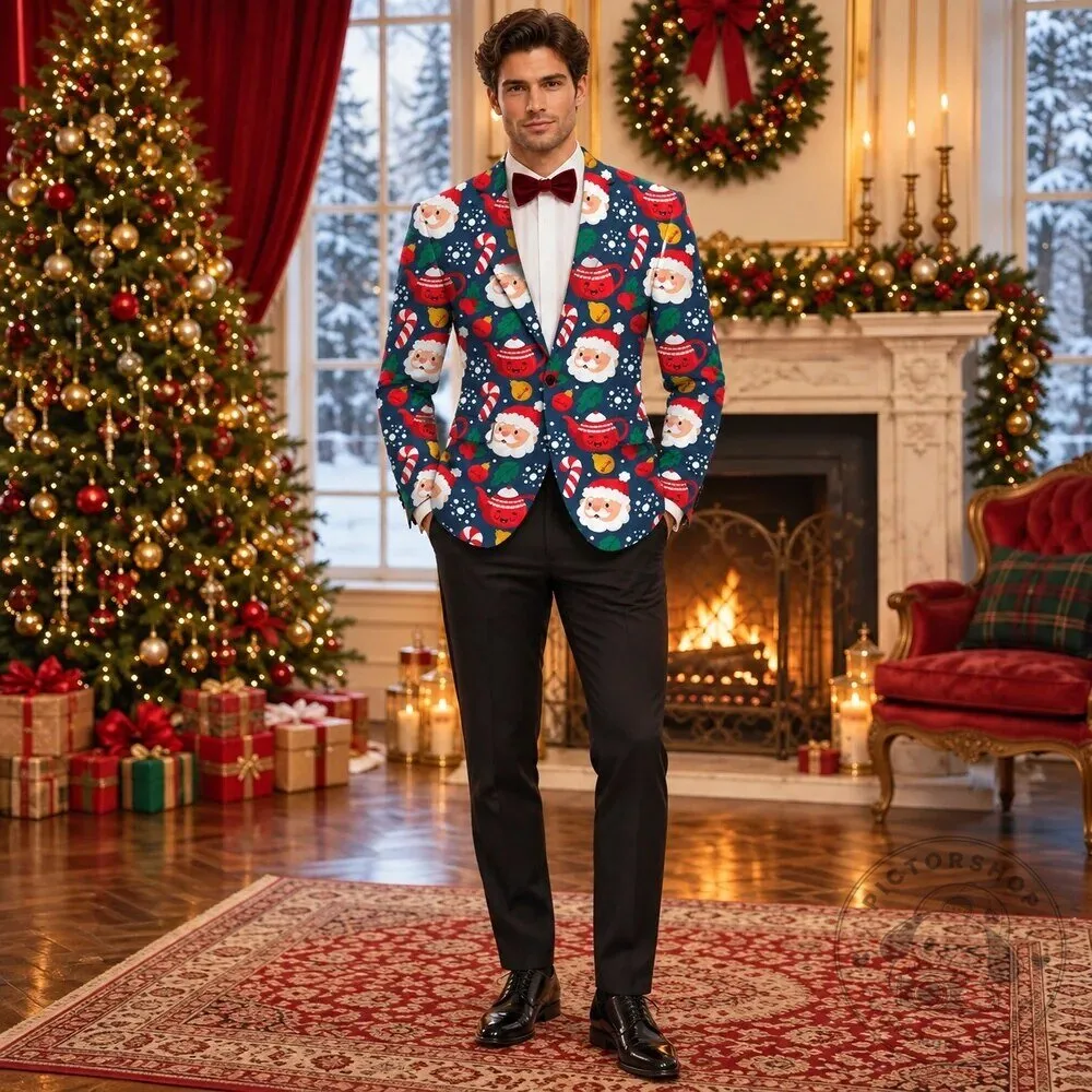 Festive Santa Claus Christmas Pattern Men's Holiday Party Blazer Jacket 14 Festive Santa Claus Christmas Pattern Men