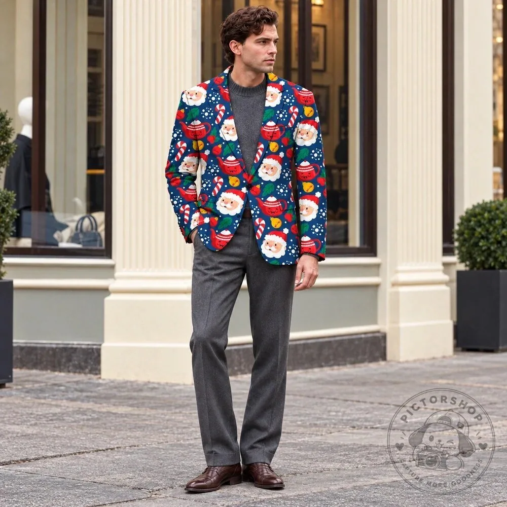 Festive Santa Claus Christmas Pattern Men's Holiday Party Blazer Jacket 15 Festive Santa Claus Christmas Pattern Men