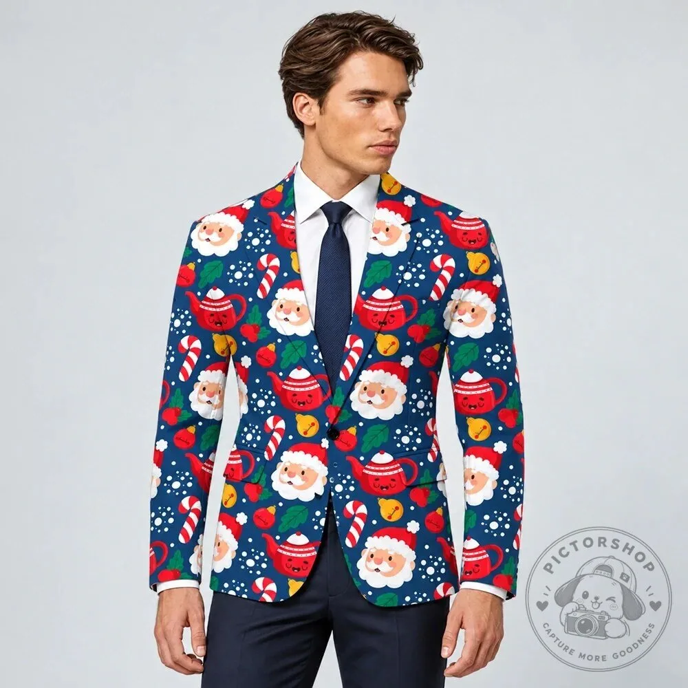 Festive Santa Claus Christmas Pattern Men's Holiday Party Blazer Jacket 16 Festive Santa Claus Christmas Pattern Men