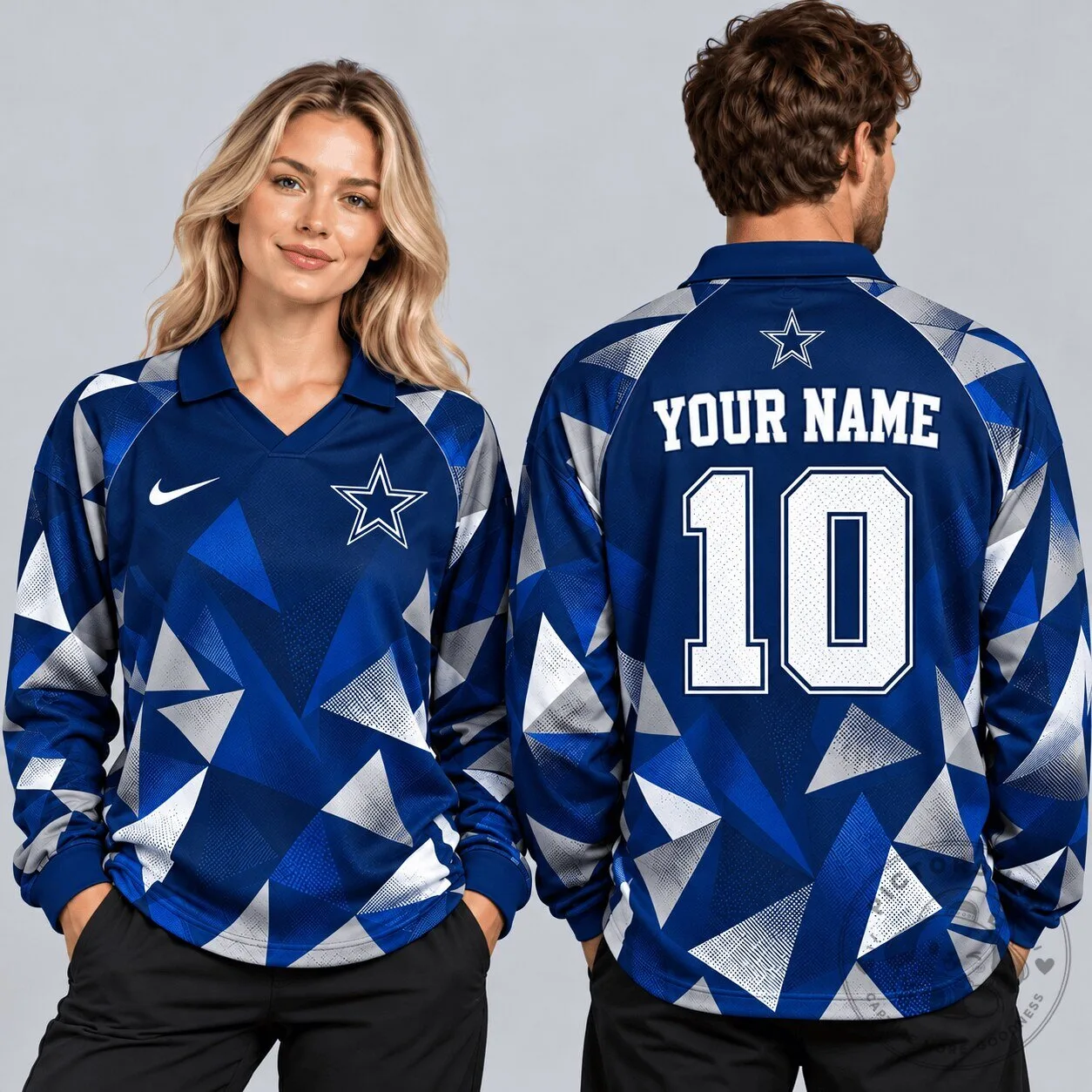 Dallas Cowboys NFL Abstract Triangle Camo Custom Name Number Long Sleeve Polo Shirt