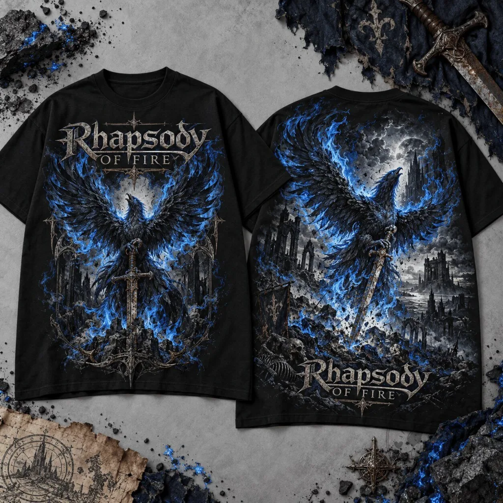 Rhapsody of Fire Dark Phoenix Blue Flame Sword Vintage Black T-Shirt Rhapsody of Fire Dark Phoenix Blue Flame Sword Vintage Black T-Shirt