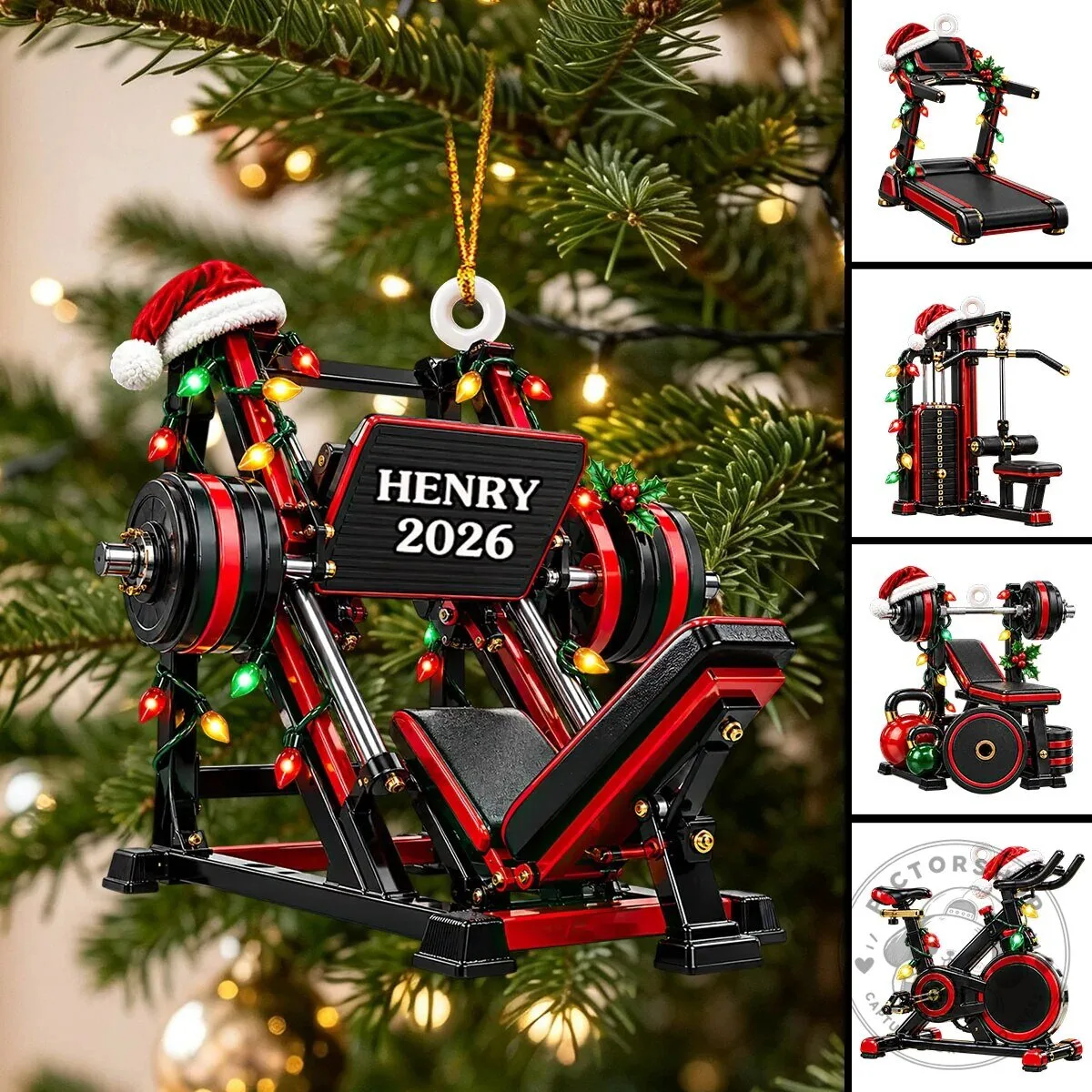 Personalized Gym Equipment Christmas Ornament with Custom Name and Year