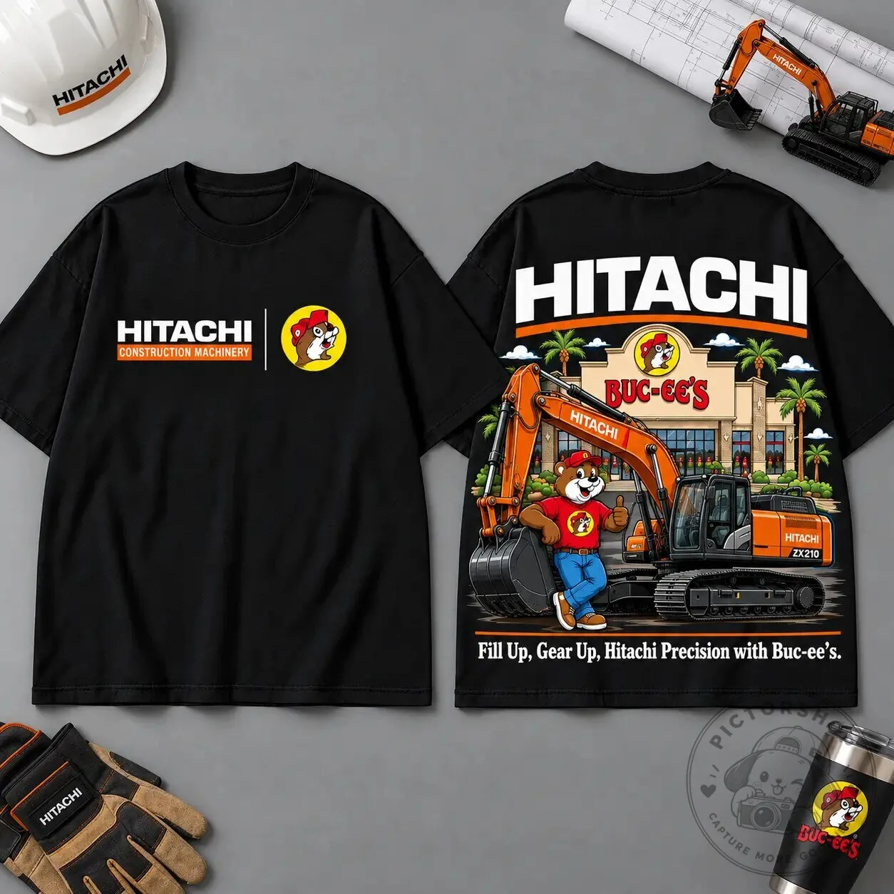 Hitachi Construction Machinery Buc-ee's Beaver Excavator Black T-Shirt
