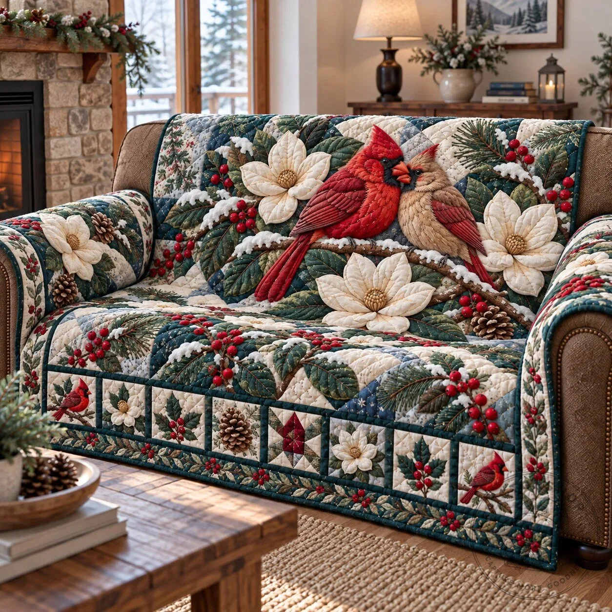 Red Cardinal Bird Winter Floral Quilted Sofa Cover
