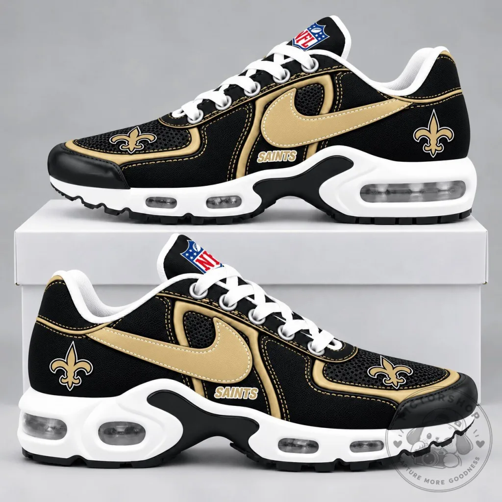 New Orleans Saints NFL Team Logo Black and Gold Athletic Sneakers Shoes New Orleans Saints NFL Team Logo Black and Gold Athletic Sneakers Shoes