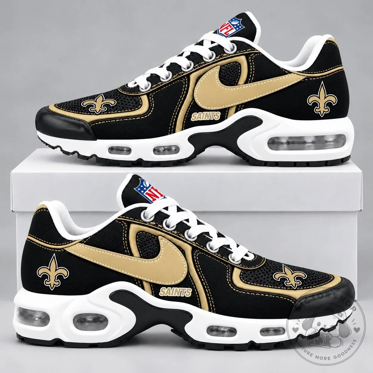 New Orleans Saints NFL Team Logo Black and Gold Athletic Sneakers Shoes 1 New Orleans Saints NFL Team Logo Black and Gold Athletic Sneakers Shoes