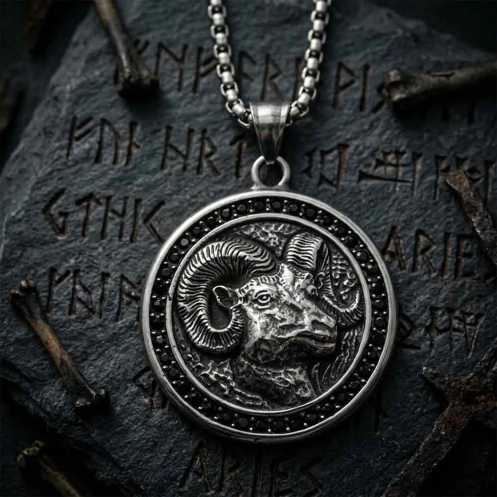 Vintage Ram Head Diamond-Set Stainless Steel Pendant Necklace