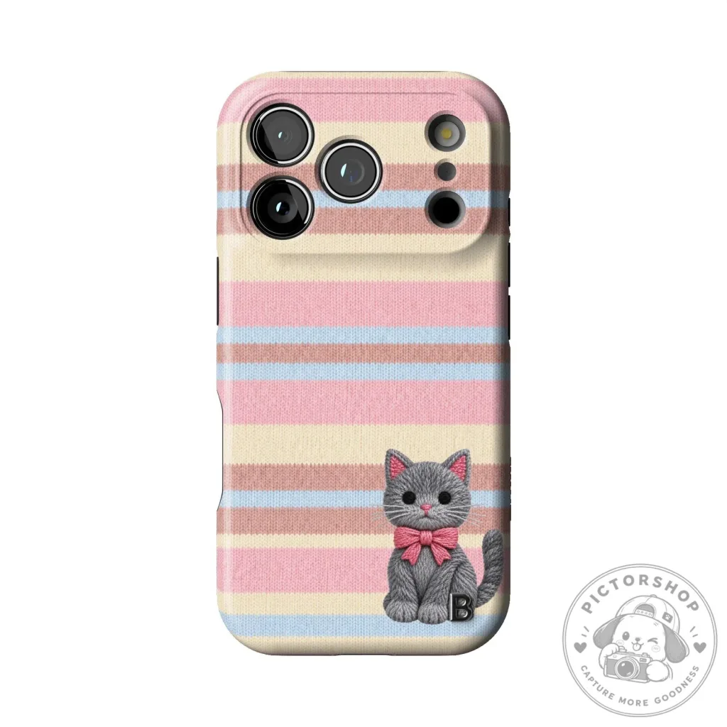 Cute Gray Kitten Pink Striped Knit Pattern iPhone Case for Apple Smartphone Cute Gray Kitten Pink Striped Knit Pattern iPhone Case for Apple Smartphone