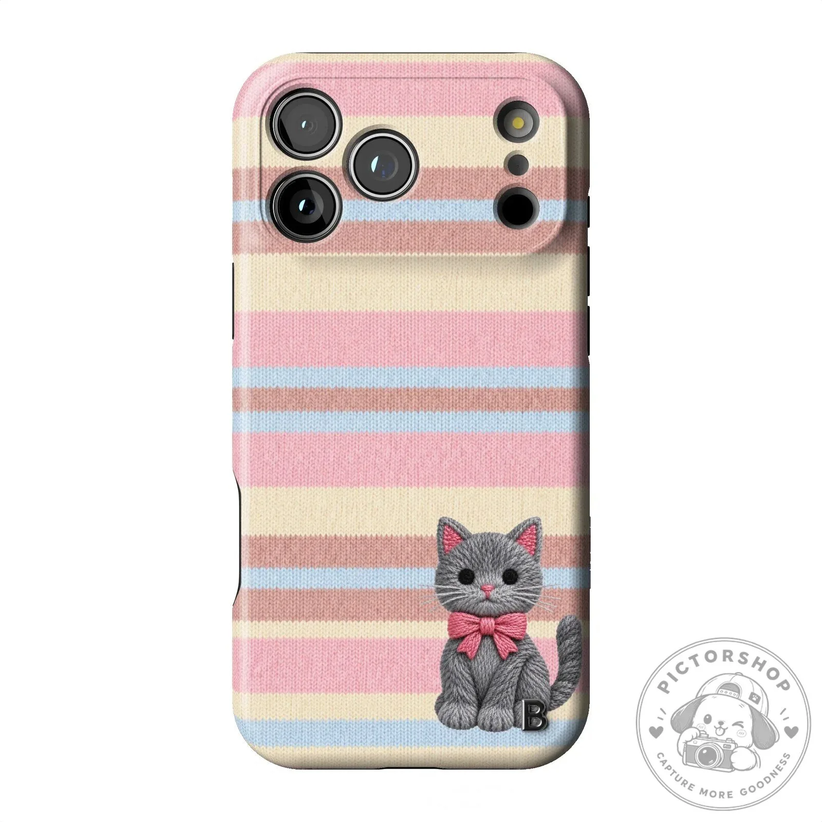 Cute Gray Kitten Pink Striped Knit Pattern iPhone Case for Apple Smartphone 11 Cute Gray Kitten Pink Striped Knit Pattern iPhone Case for Apple Smartphone