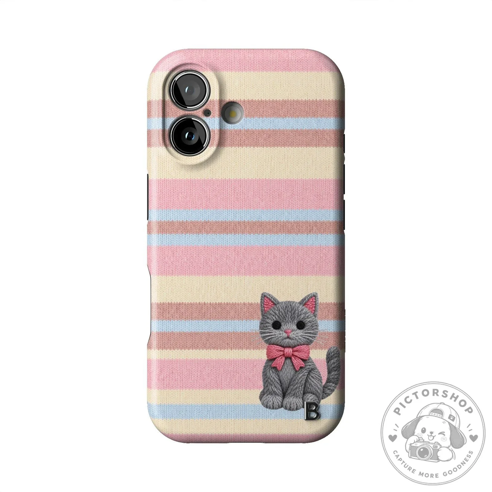 Cute Gray Kitten Pink Striped Knit Pattern iPhone Case for Apple Smartphone 12 Cute Gray Kitten Pink Striped Knit Pattern iPhone Case for Apple Smartphone